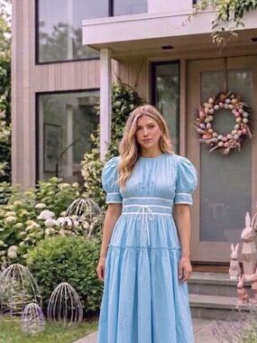Light Blue Puff-Sleeve Smocked Waist Midi Dress